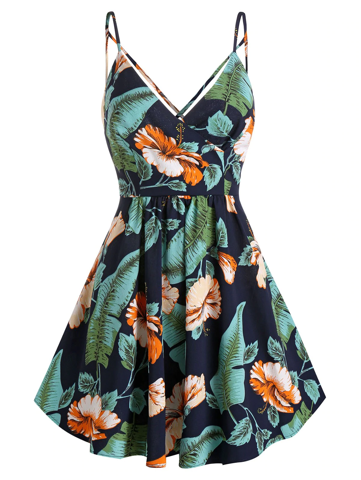 Palm Floral Print Wrap Spaghetti Strap Dress