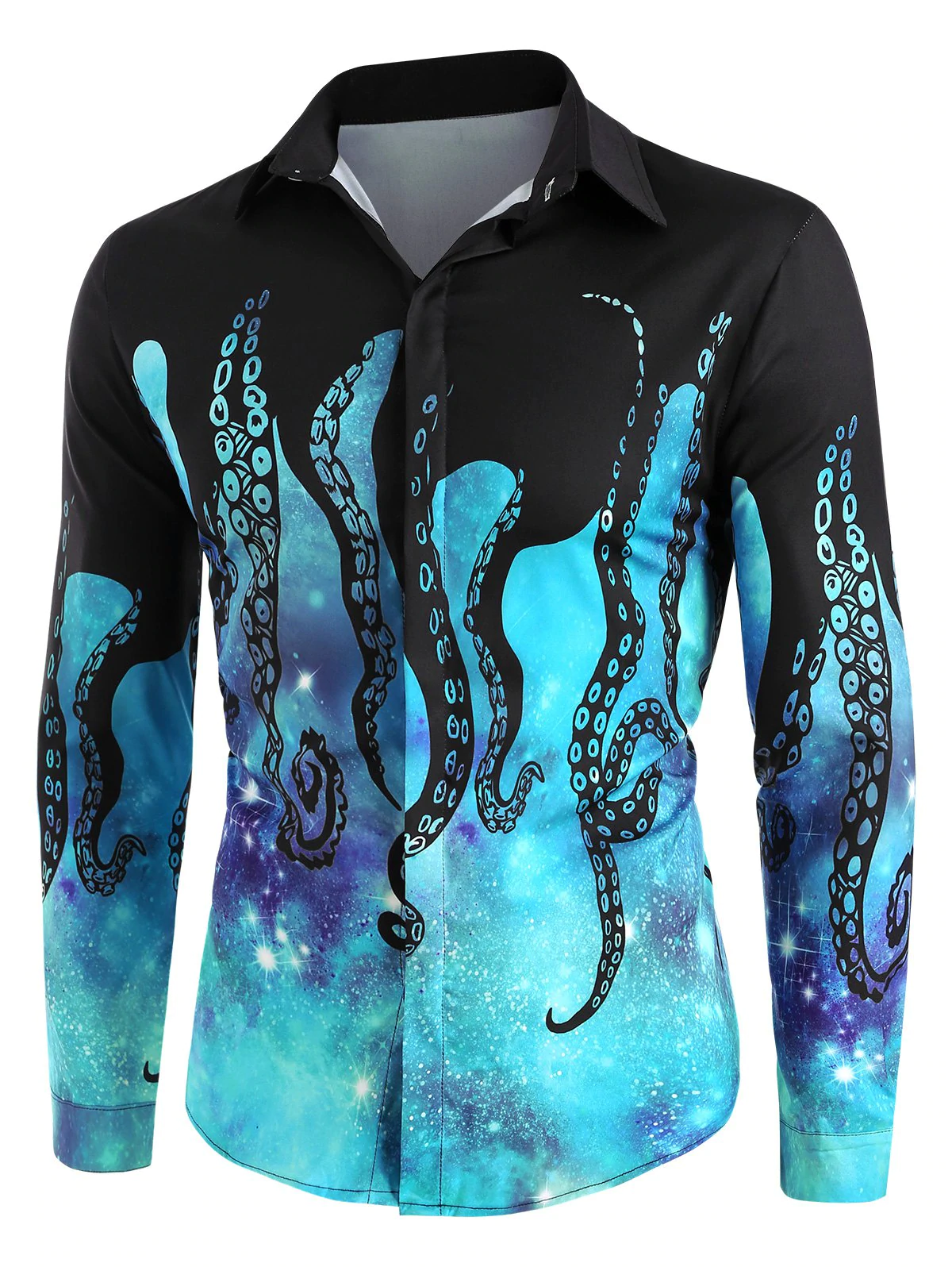 Galaxy Octopus Pattern Button Up Long Sleeve Shirt