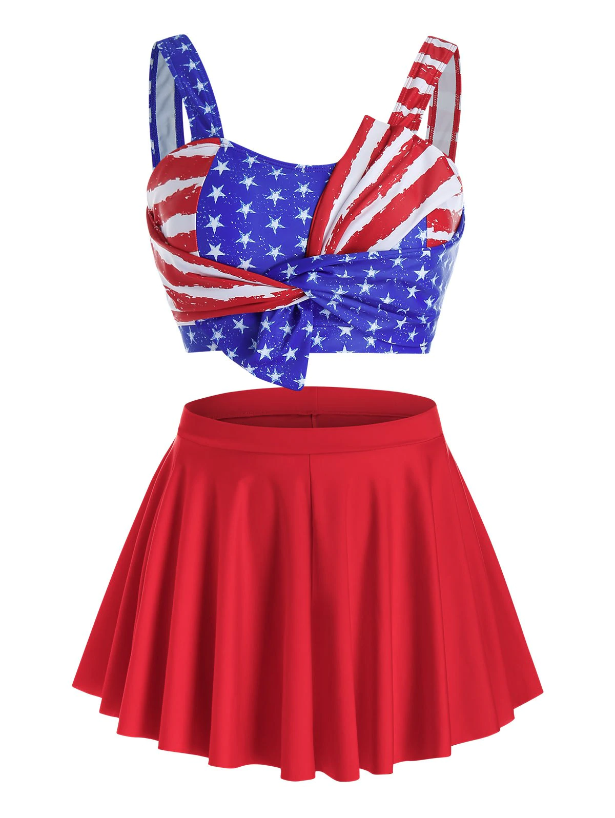 Plus Size American Flag Twisted Three Pieces Skirted Tankini Swi