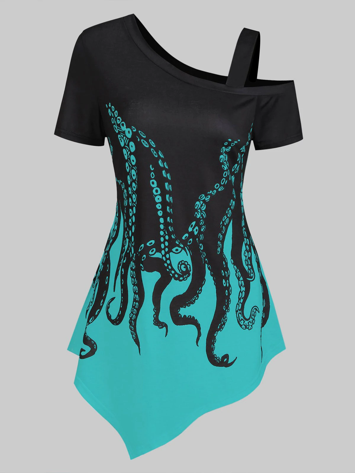 Skew Neck Octopus Print Asymmetrical T-shirt