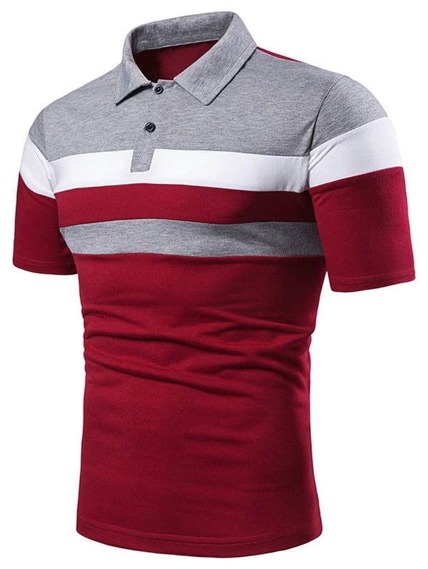 Colorblock Striped Half Button Short Sleeve T Shirt