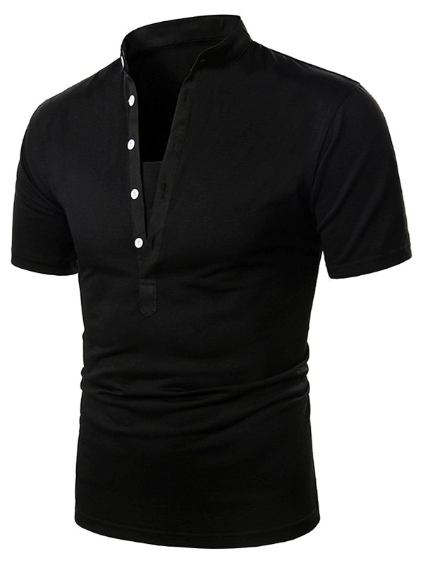 Plain Stand Collar Half Button Short Sleeve T Shirt