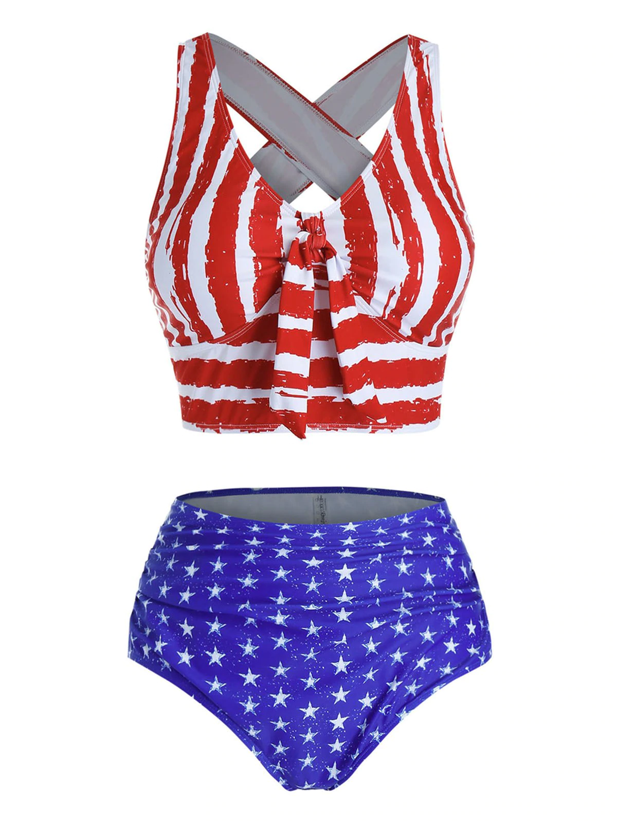 Plus Size American Flag Knotted Cross Back Tankini Swimwear