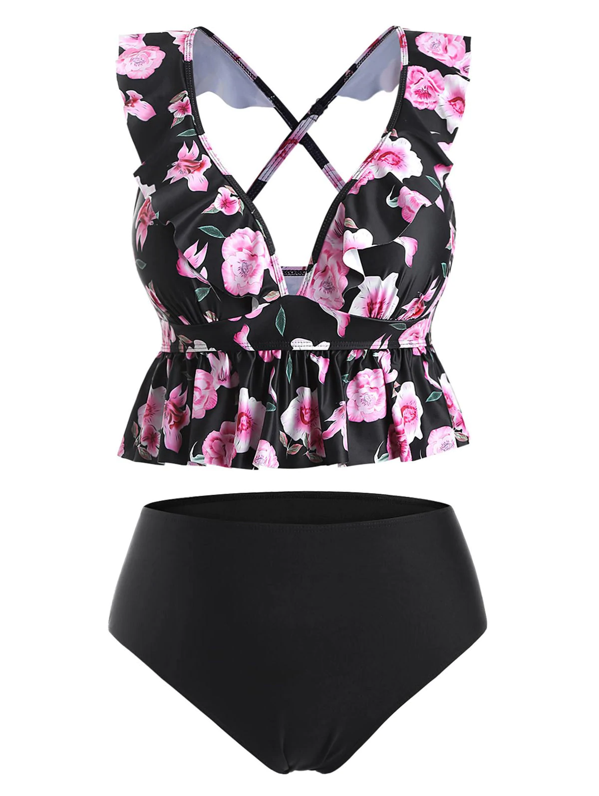 Plus Size Plunge Floral Print Ruffled Tankini Swimwear