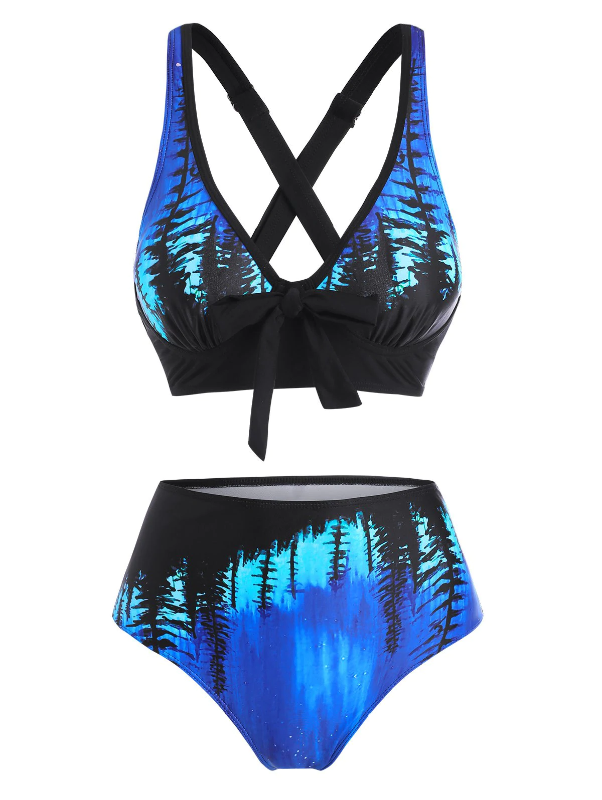 Forest Print Ombre Bowknot Crisscross Bikini Swimwear