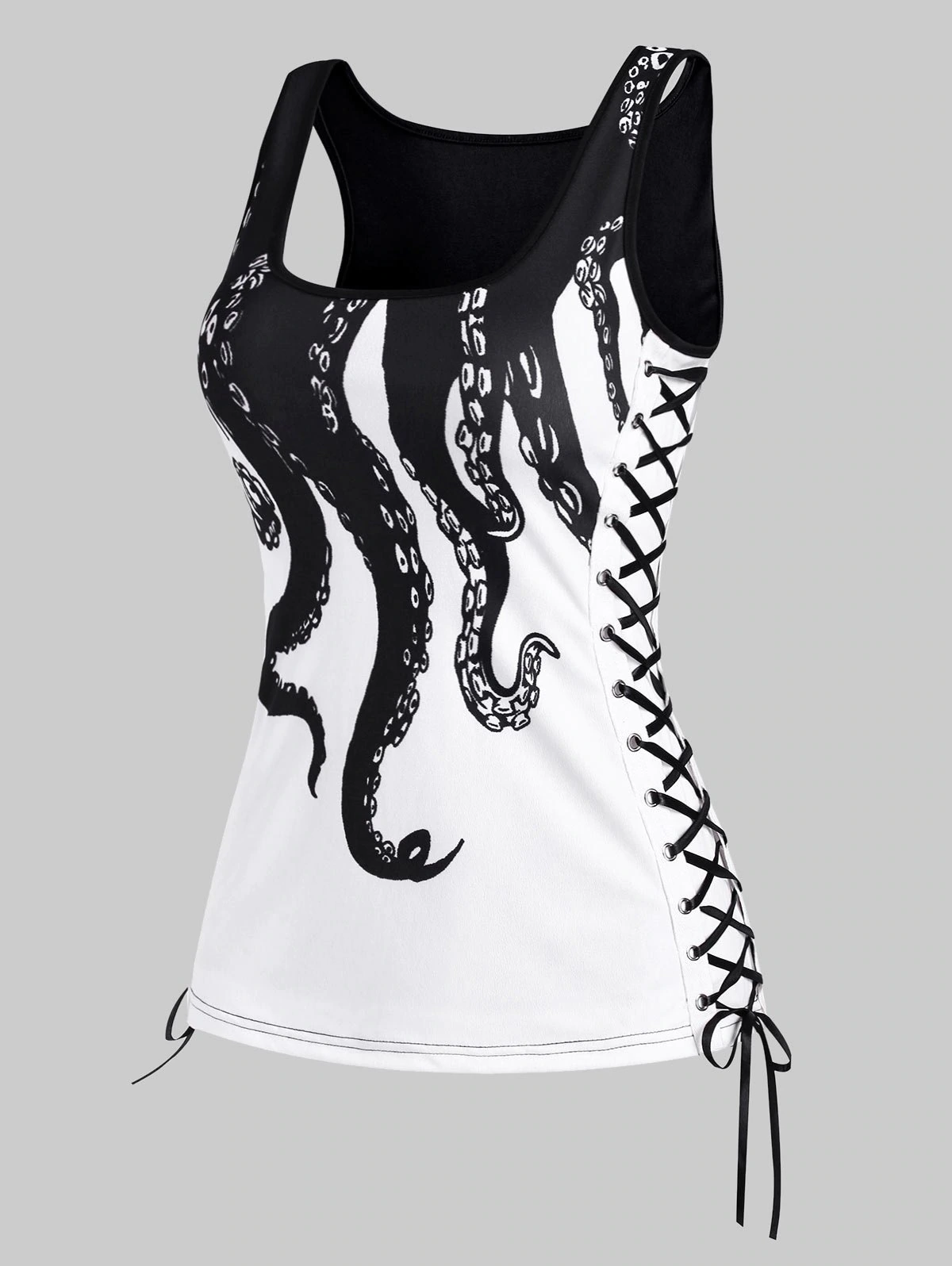 Lace Up Octopus Print Scoop Neck Tank Top