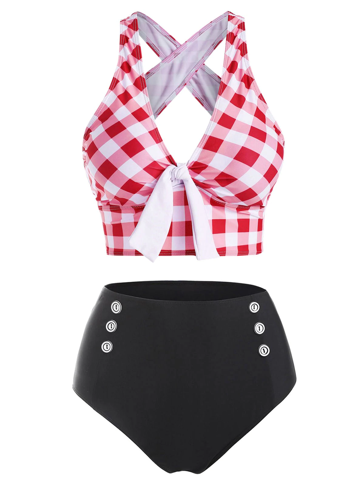 Checkered Crisscross Tied Mock Button Tankini Swimwear