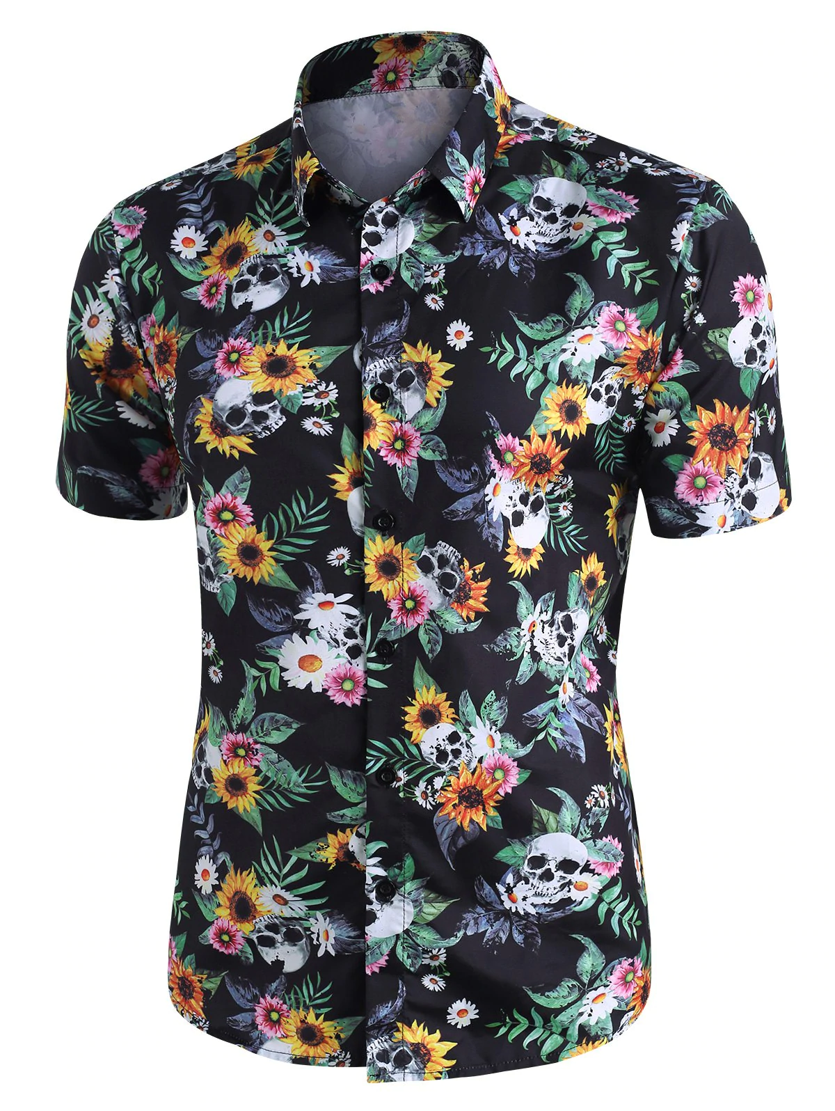 Skull Ditsy Floral Button Up Casual Shirt