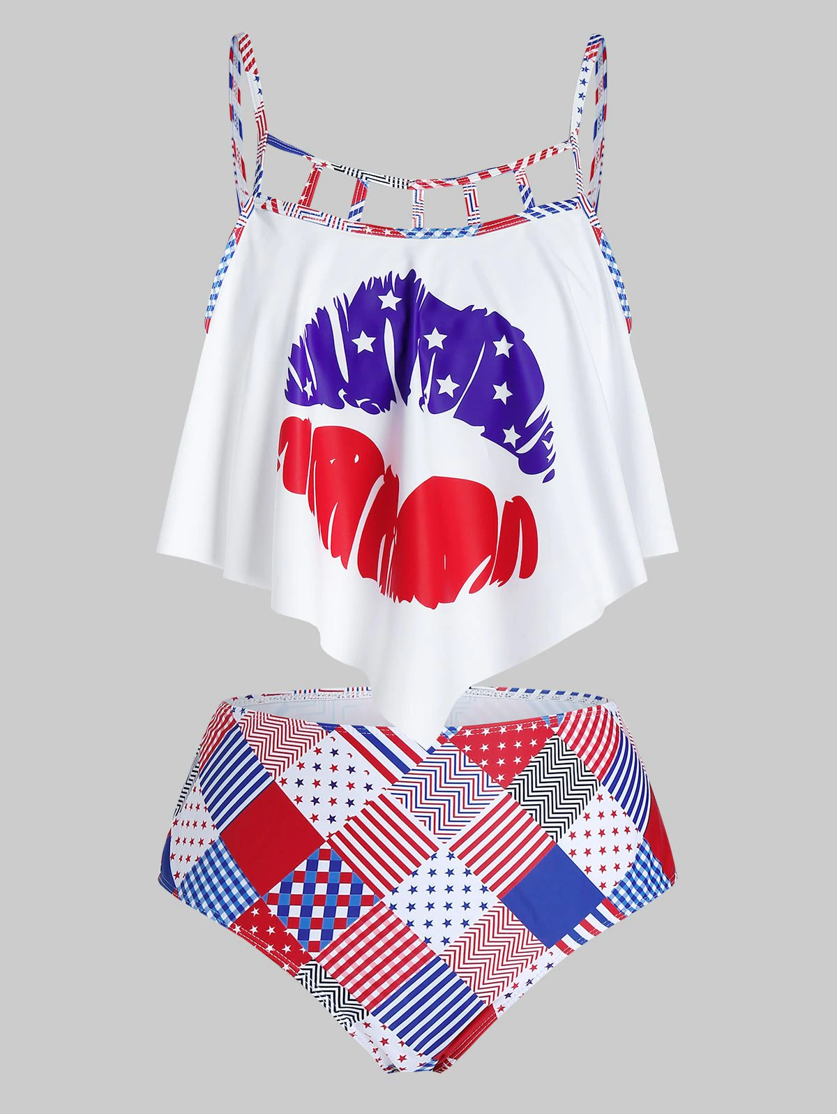 Plus Size American Flag Lip Print Asymmetric High Rise Tankini S