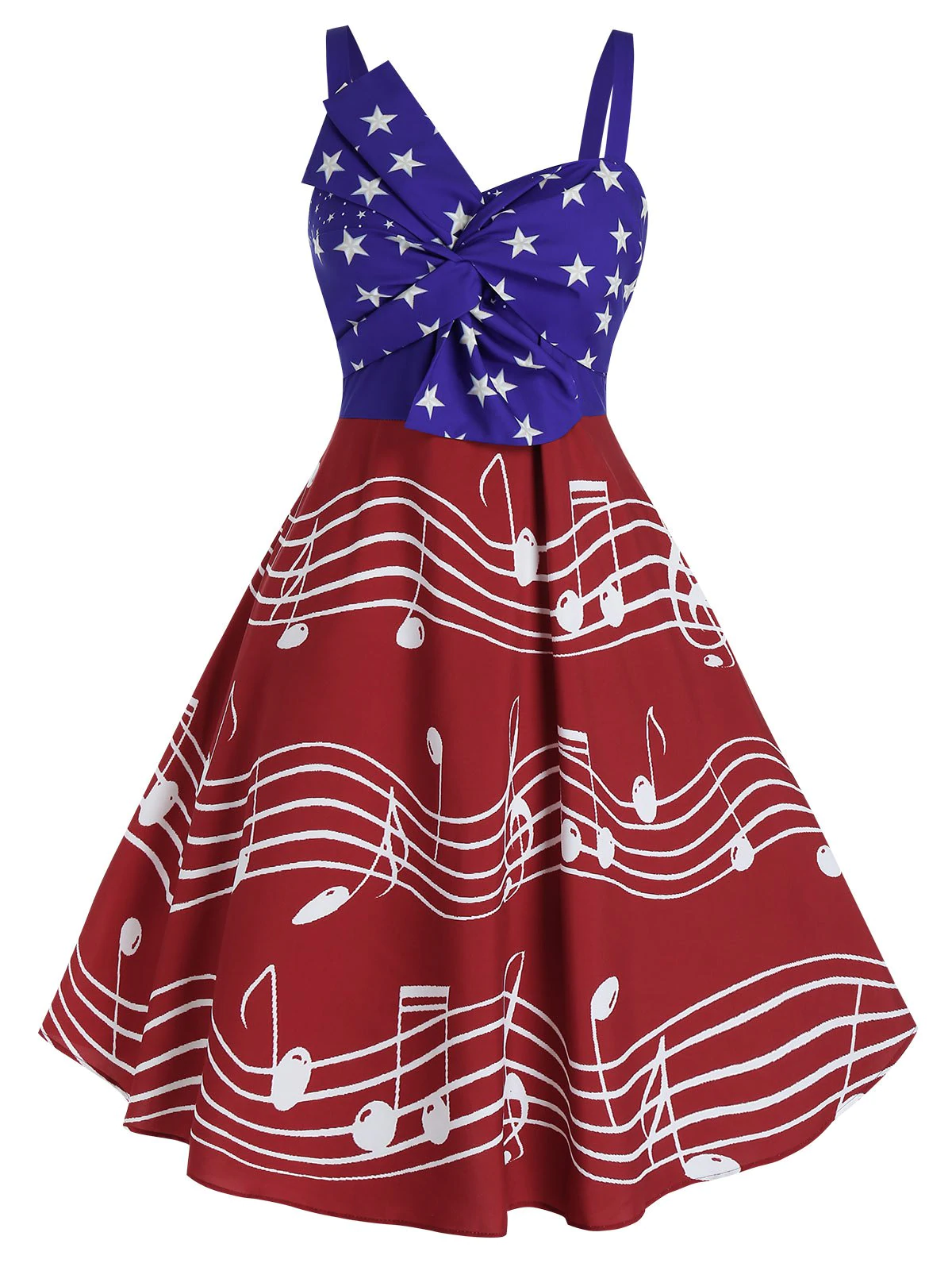 Plus Size Front Twist American Flag Musical Notes Print Dress