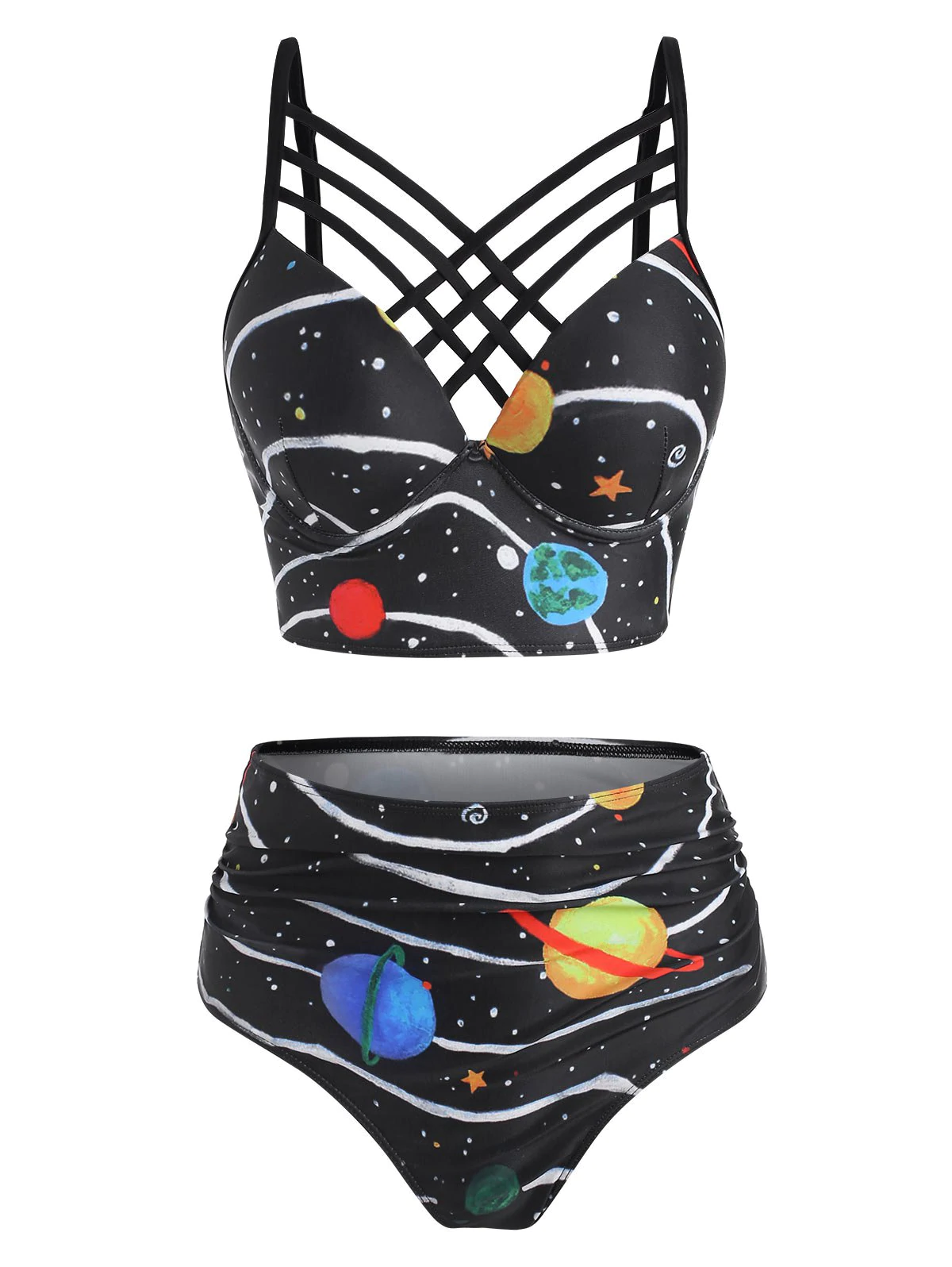 Star Planet Galaxy Print Caged Underwire Tankini Swimwear