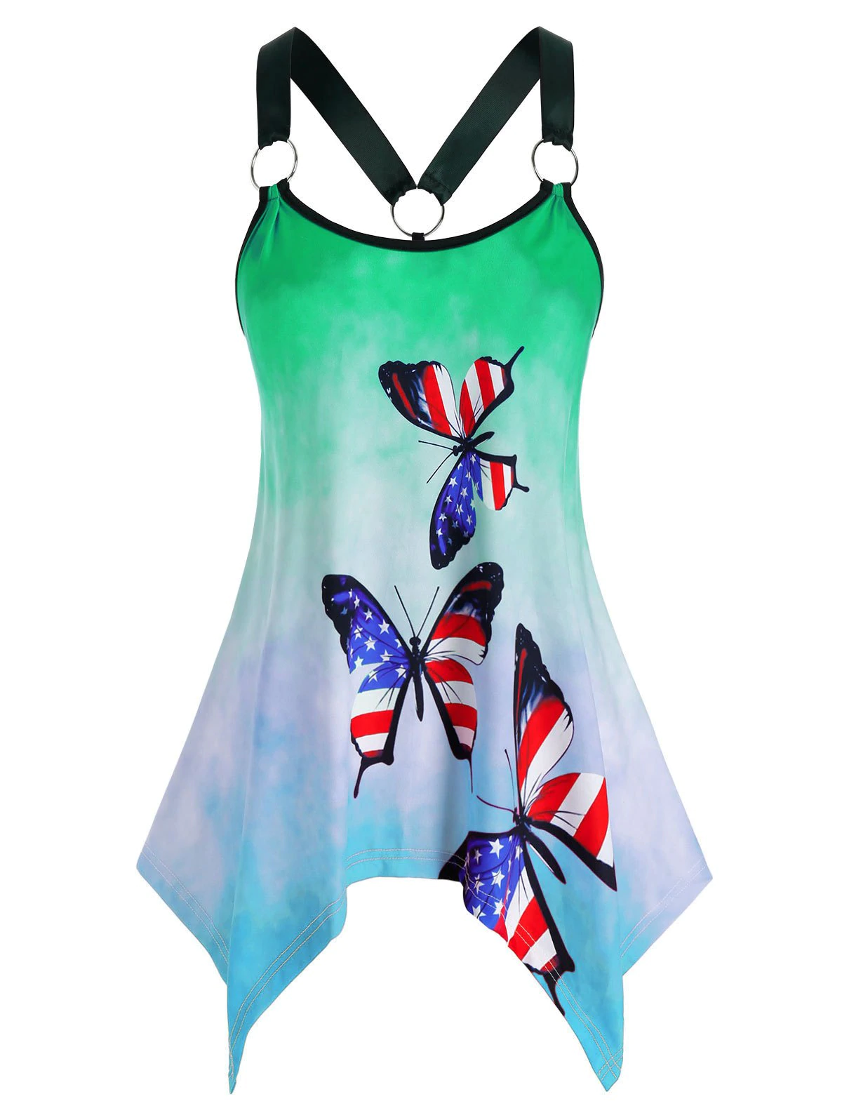 Plus Size American Flag Butterfly Hanky Hem Tie Dye Tank Top