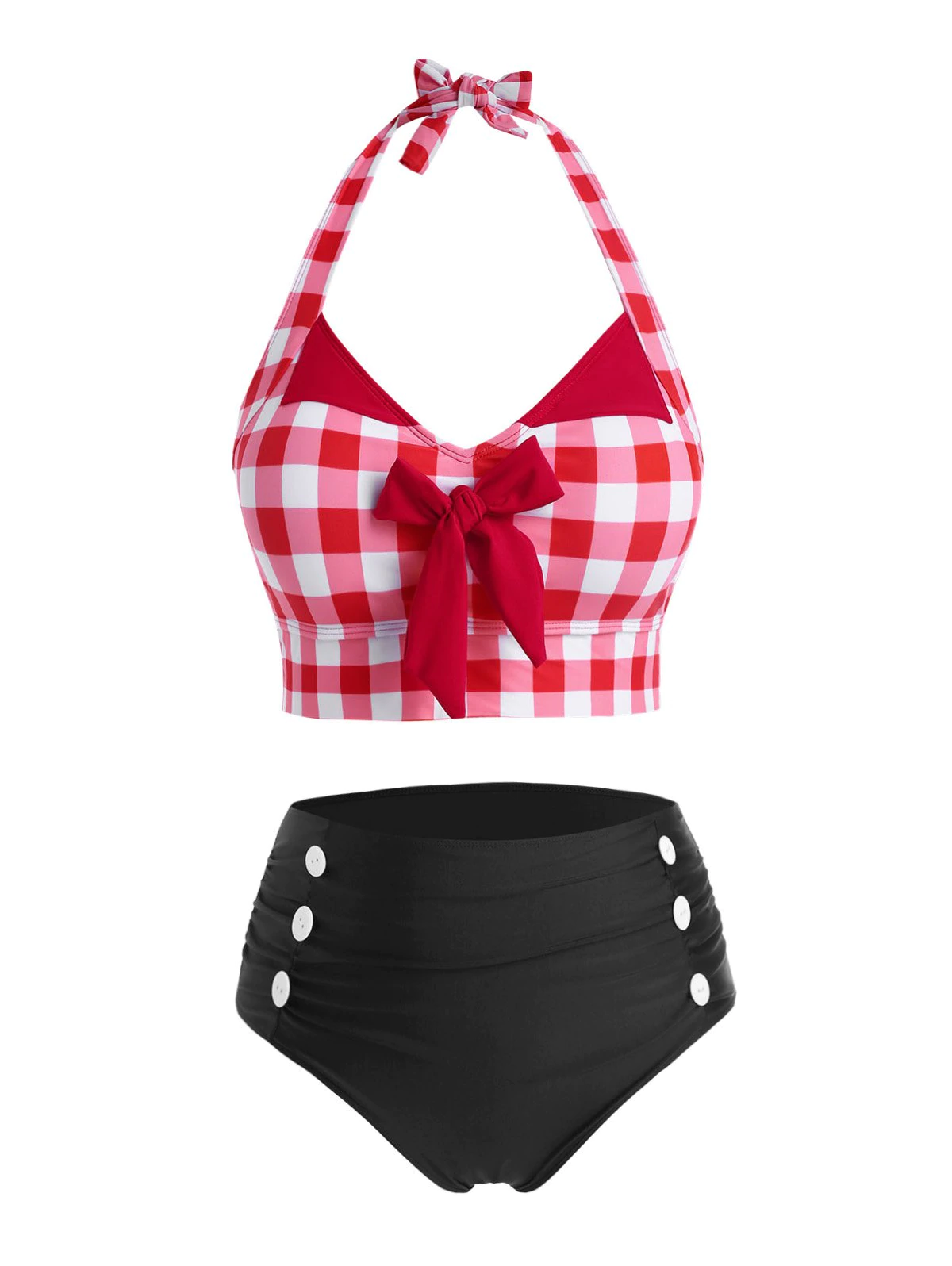 Plus Size Halter V Neck Bowknot Plaid Print Buttons Bikini Set S