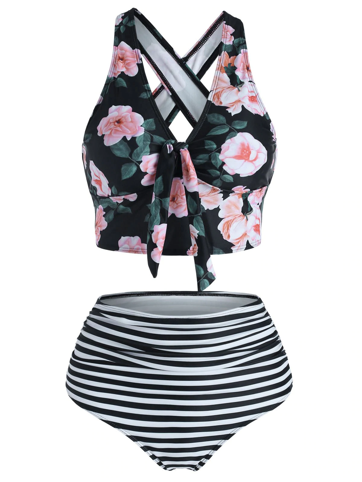 Floral Striped Ruched Crisscross Tankini Swimwear