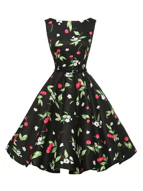 Flower Cherry Print Belted Sleeveless Dress