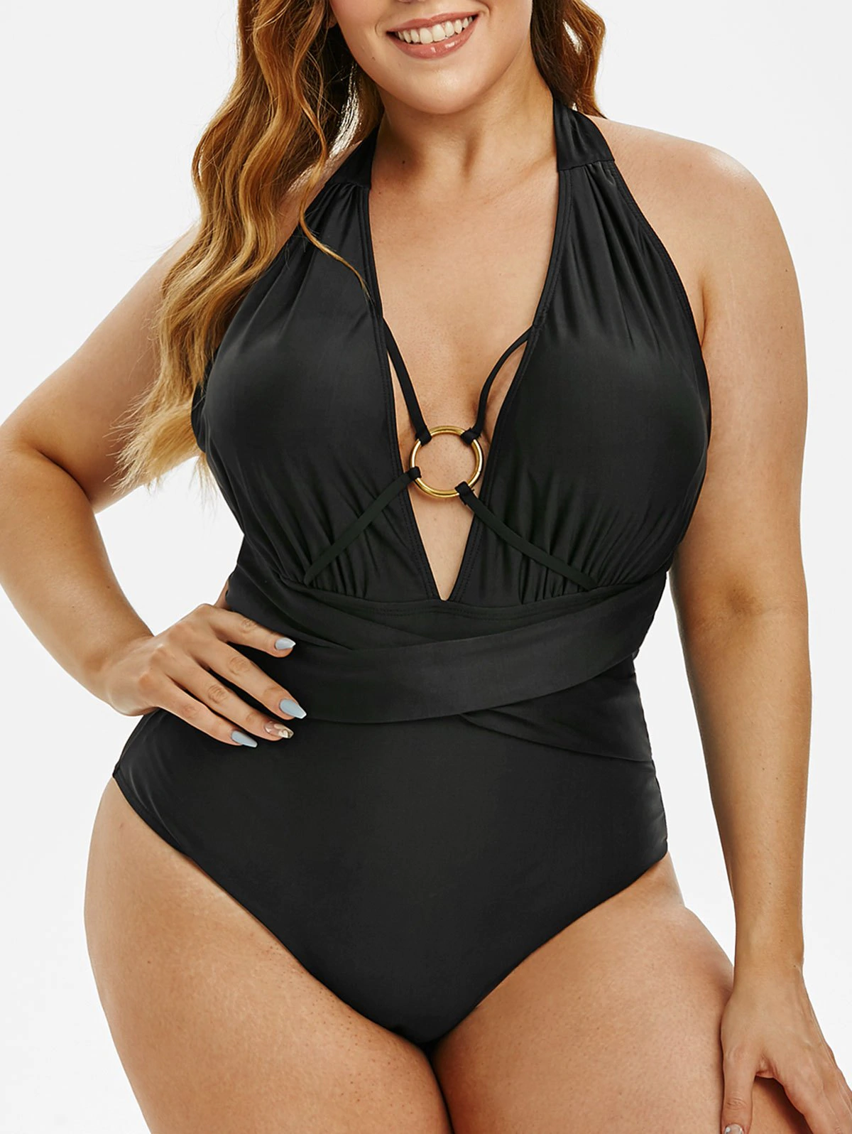 Plus Size Ruched O-ring Crossover Halter One-piece Swimsuit