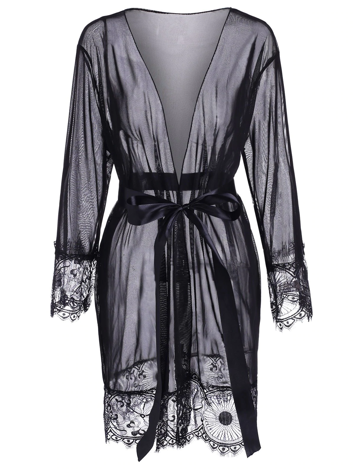 Belted Eyelash Lace Panel Sheer Mesh Robe