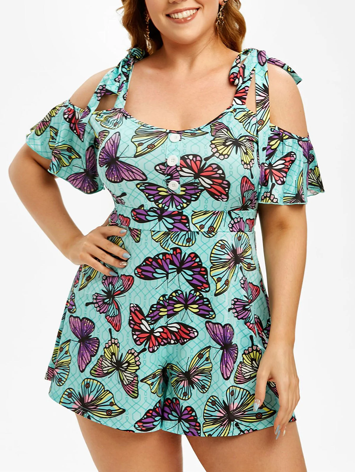 Plus Size Cold Shoulder Butterfly Print Romper