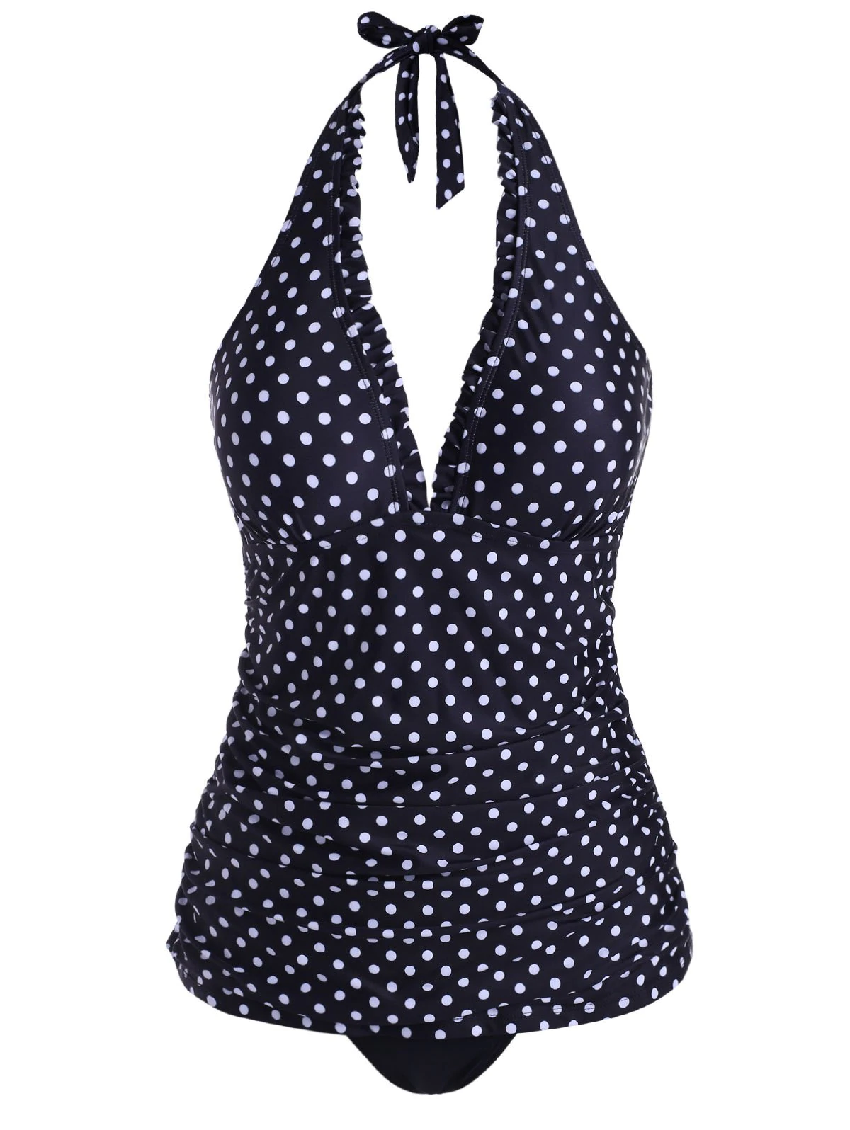 Polka Dot Frilled Halter Backless Tankini Swimwear