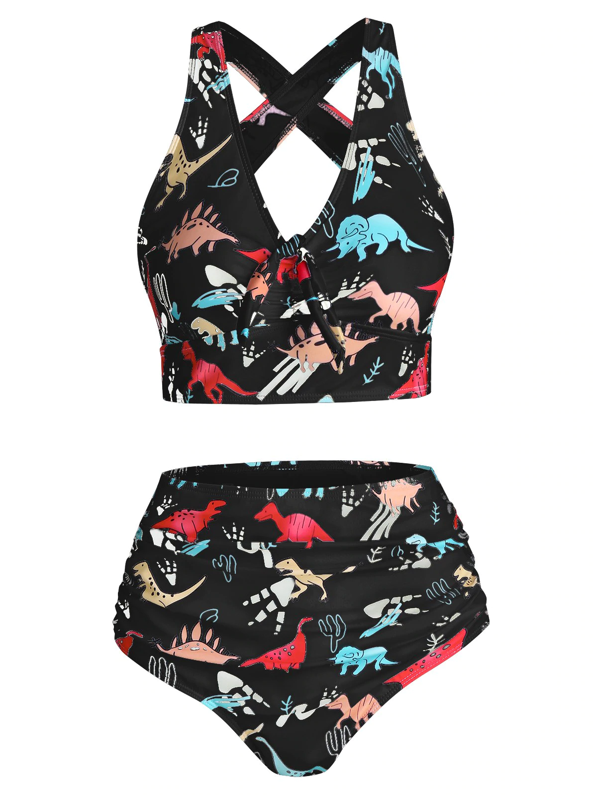 Cartoon Dinosaur Print Ruched Padded Tankini Set