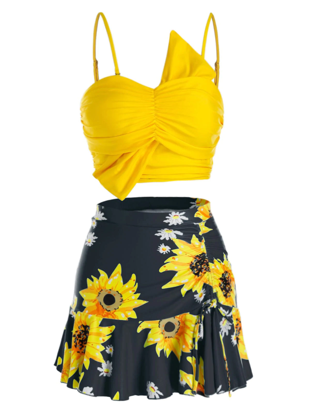 Plus Size Sunflower Ruched Three Pieces Skirted Tankini Swimwear