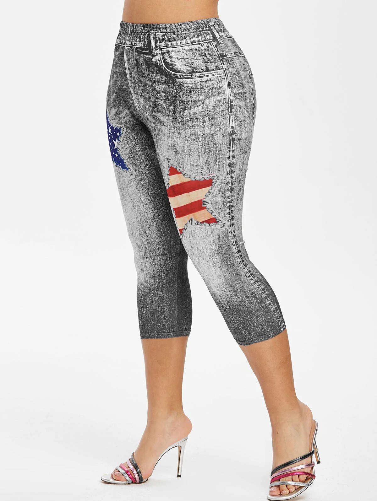 Plus Size American Flag 3D Destroyed Jean Print Cropped Jeggings