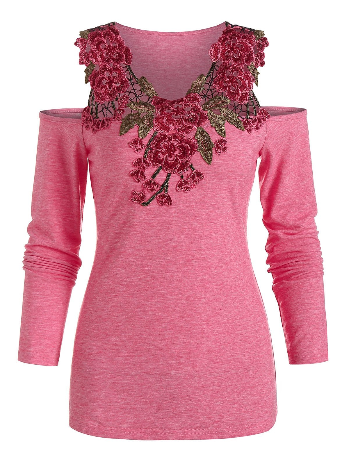 Flower Lace Insert Cold Shoulder Heathered T-shirt