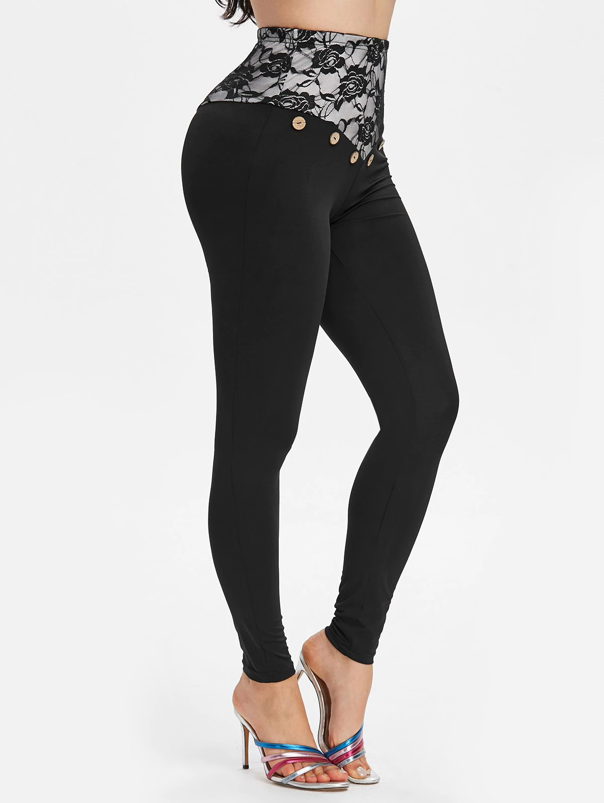 Mock Button Lace Insert High Waist Leggings