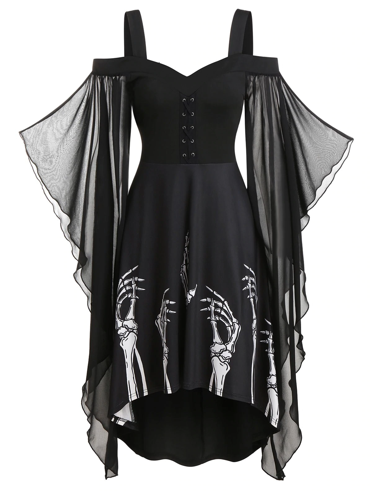 Skeleton Print Butterfly Sleeve High Low Dress