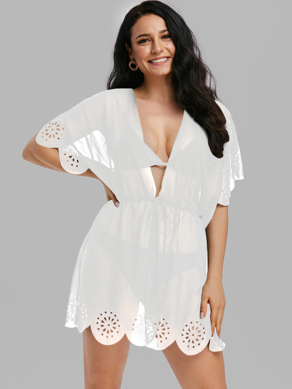 Drawstring Flower Openwork Scalloped Cover-up