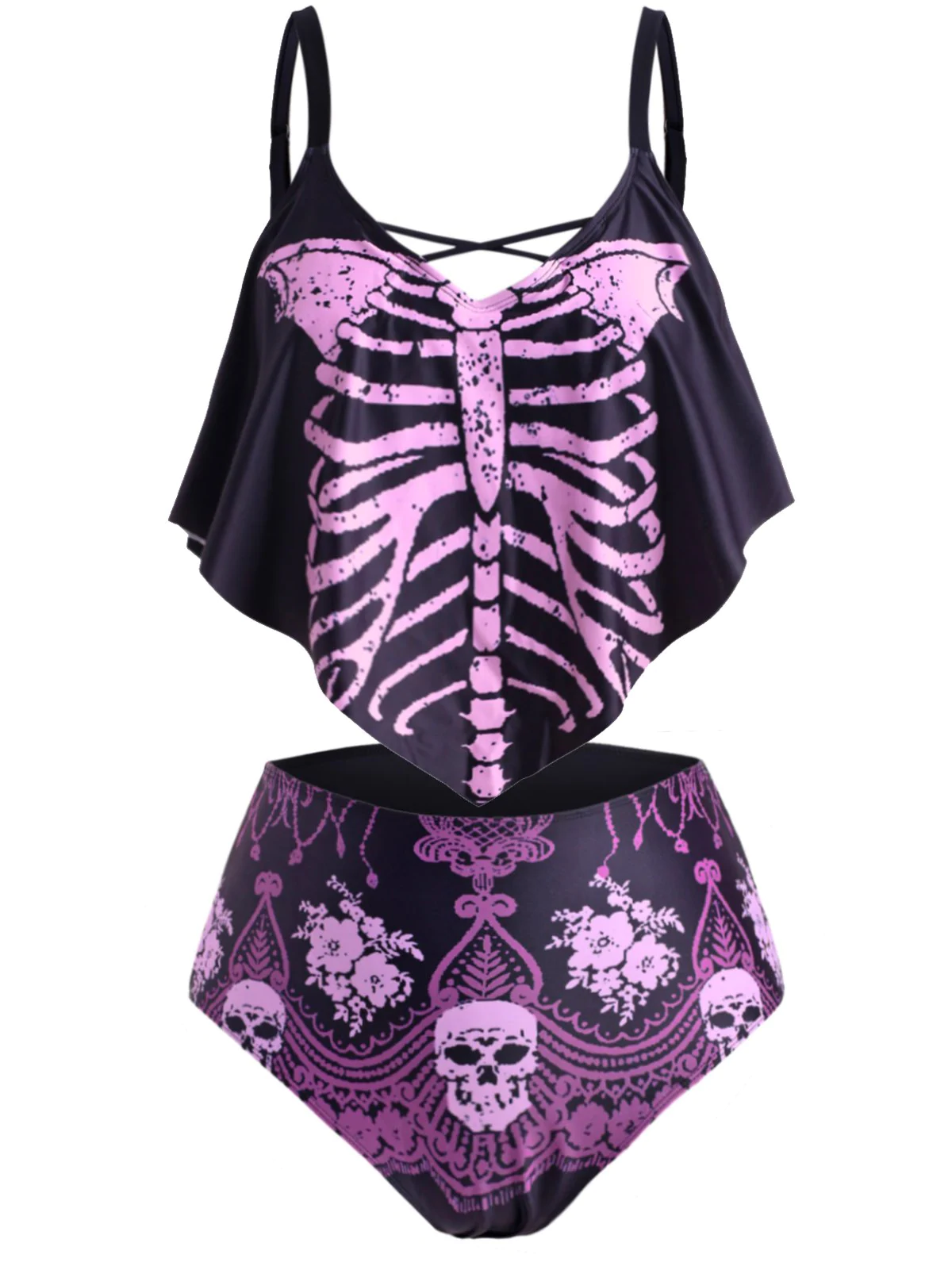 Skull Skeleton Flounces Halloween Plus Size Tankini Swimwear