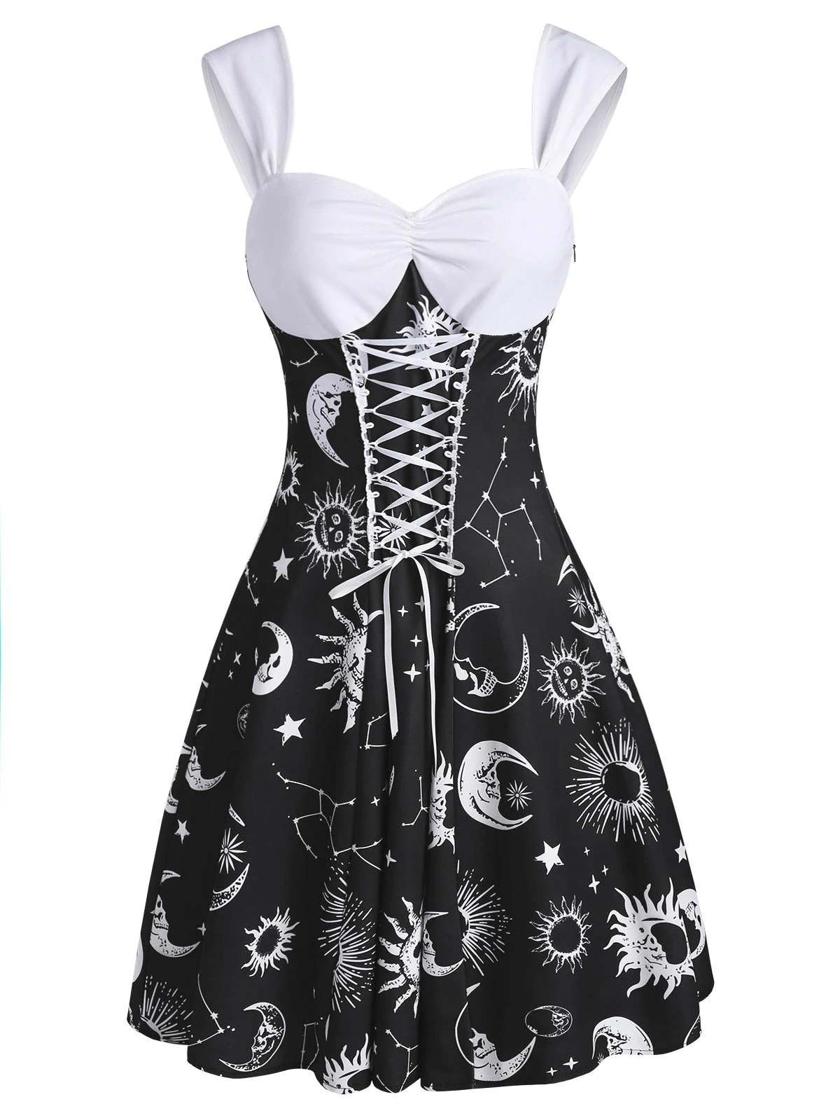 Sun Moon Star Print Lace Up Ruched Dress