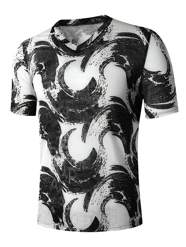 V Neck Abstract Print Semi See Through T Shirt