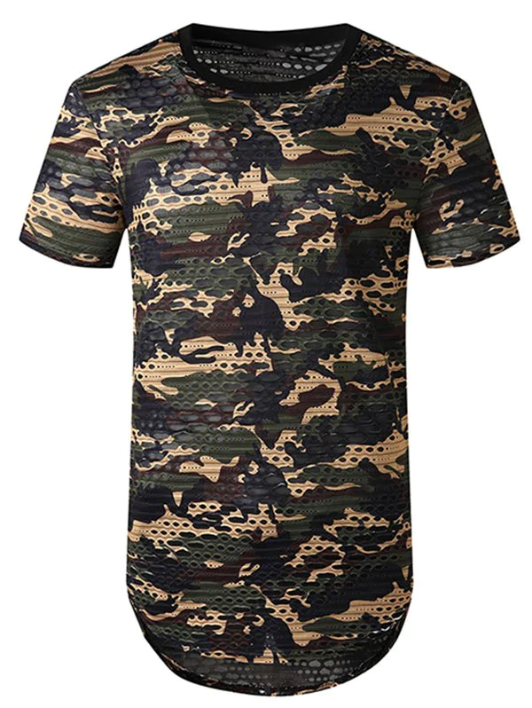 Camouflage Print Mesh Patch Hole Curved T Shirt