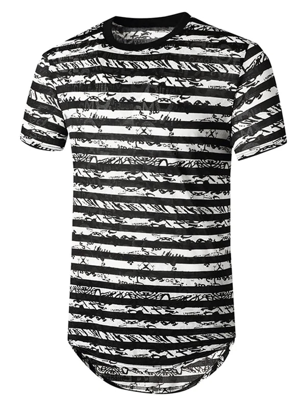 Striped Semi Sheer Longline Curved T Shirt