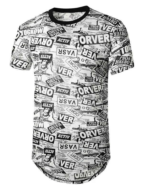 Newspaper Print Semi Sheer Longline Curved T Shirt