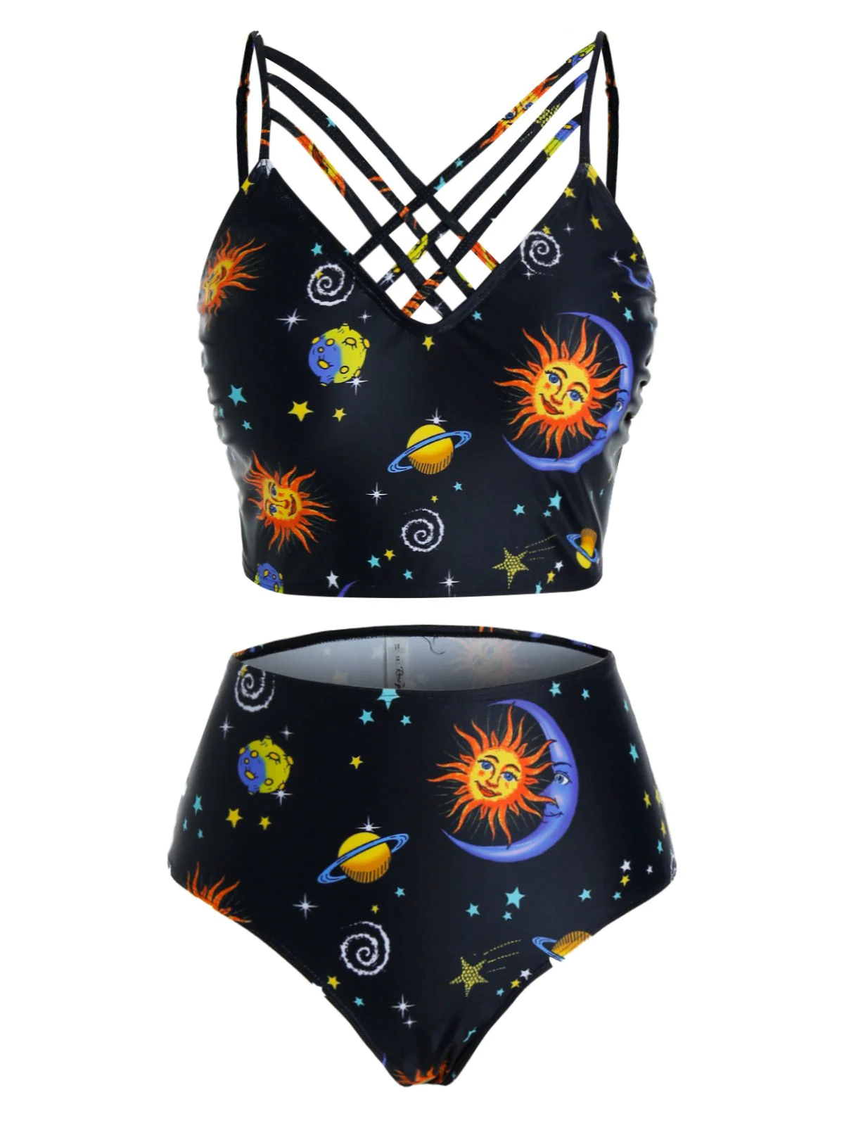 Plus Size Moon and Sun Planet Print Strappy Tankini Swimwear