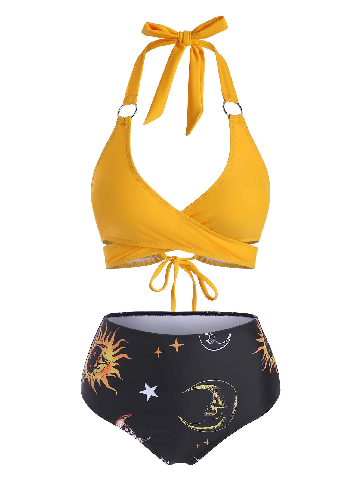 Sun Star Moon Print O Ring Embellished High Waisted Bikini Swimw