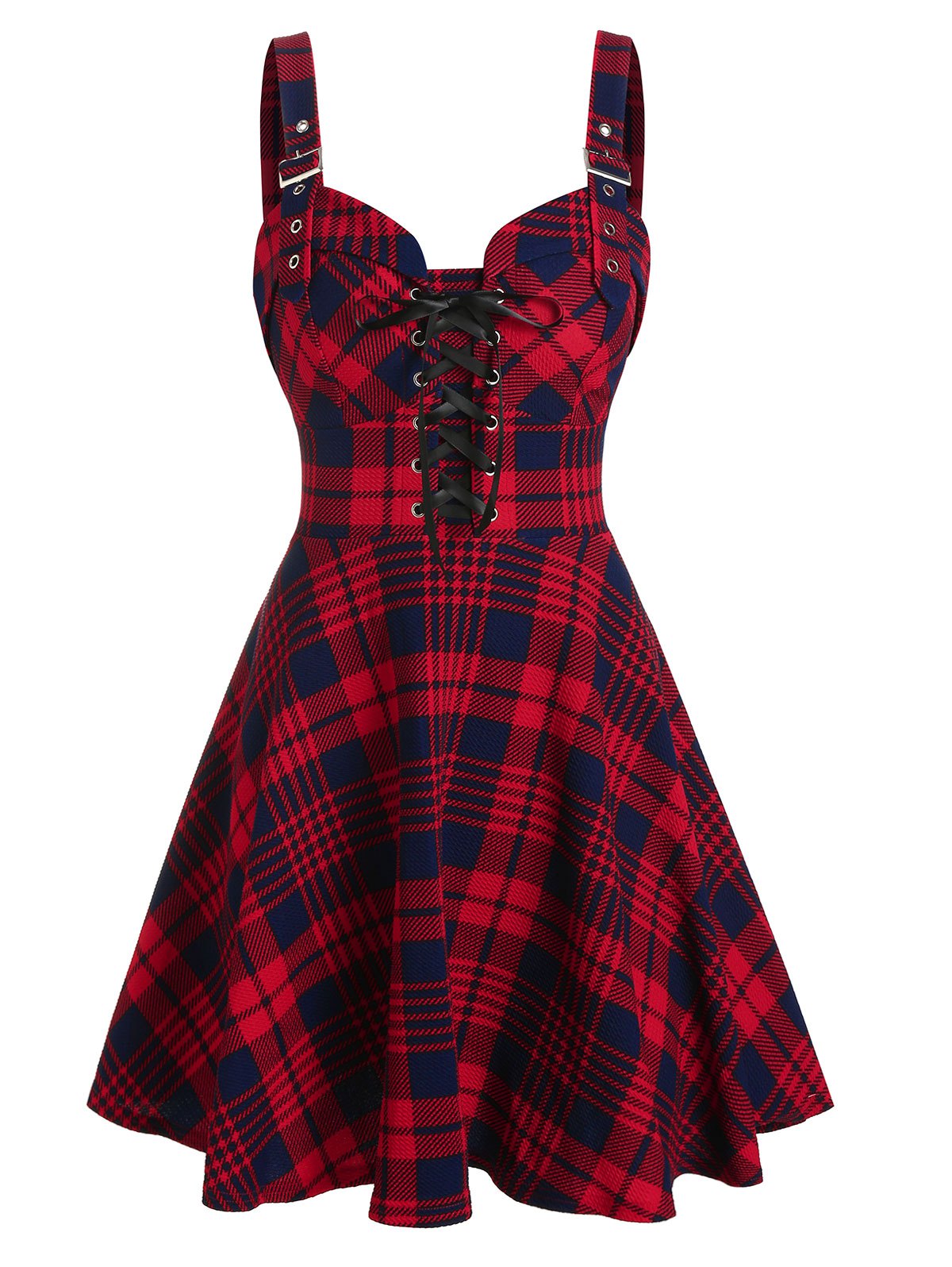 Plaid Print Lace-up Buckle Strap Sleeveless Dress