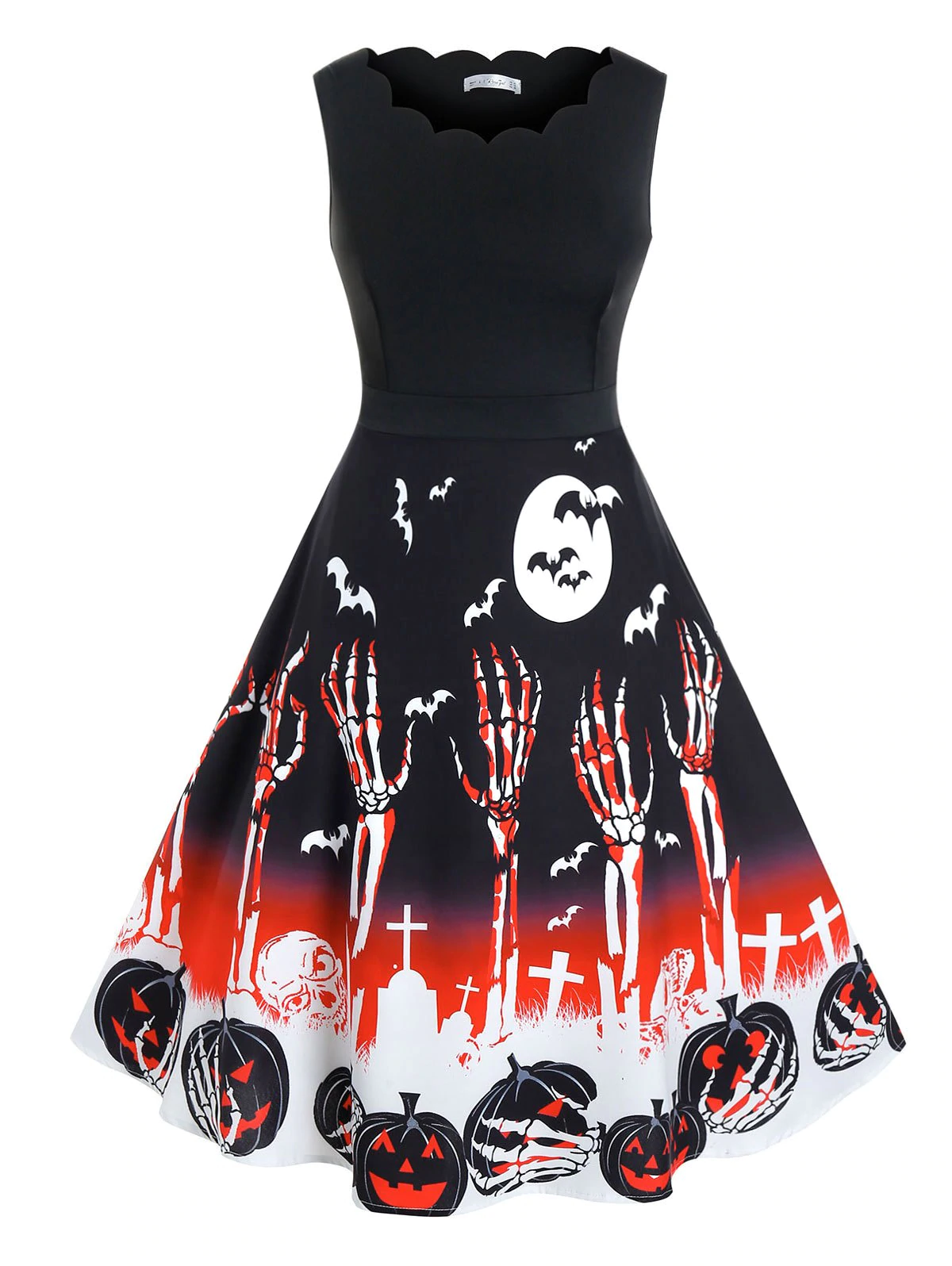 Plus Size Halloween Skull Pumpkin Pattern Scalloped Dress