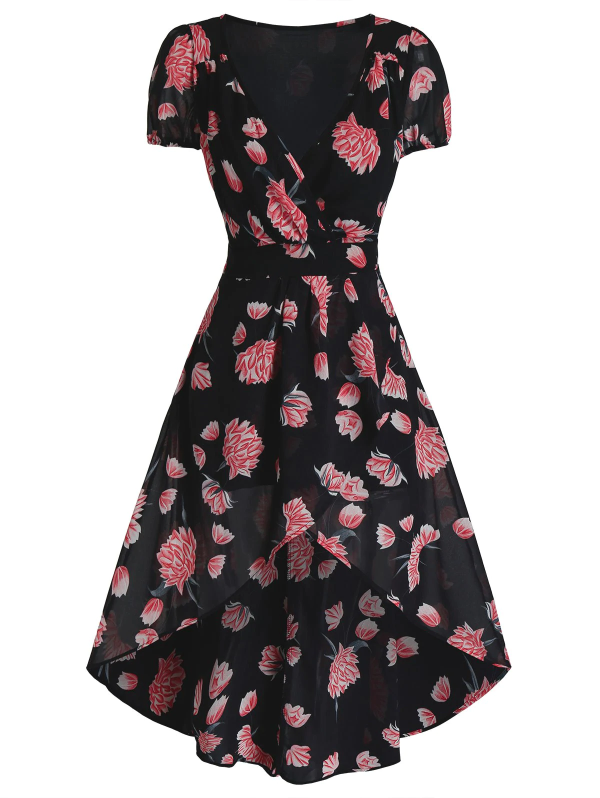 Flower Print High Low Surplice Chiffon Dress