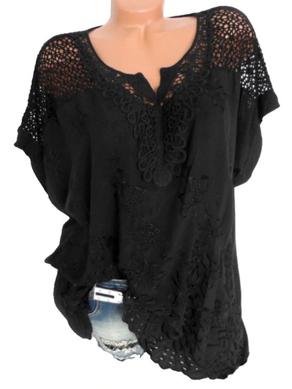 Plus Size Batwing Sleeve Flower Embroidered Blouse