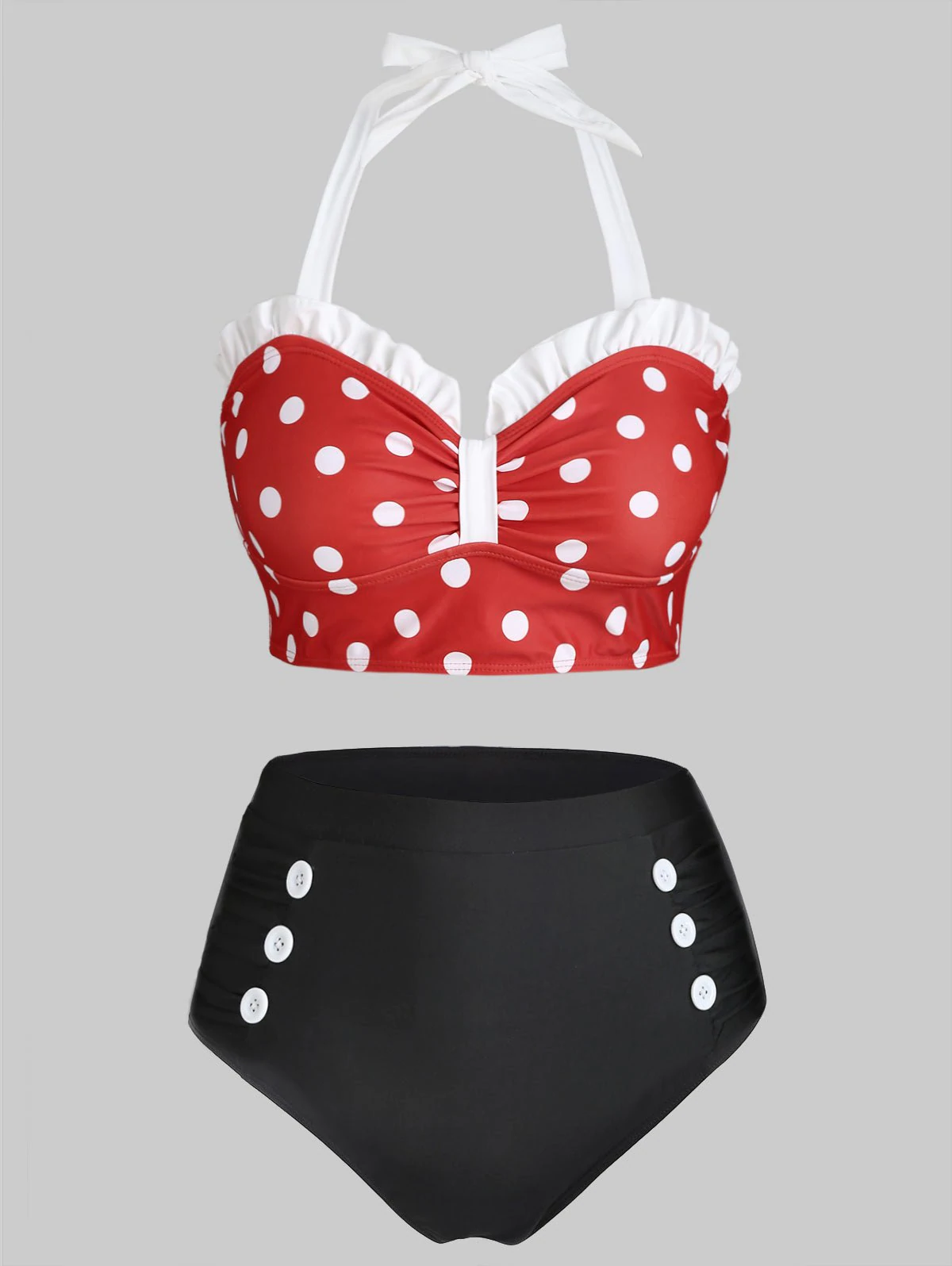 Plus Size Polka Dot Ruffle Mock Button Tankini Swimwear