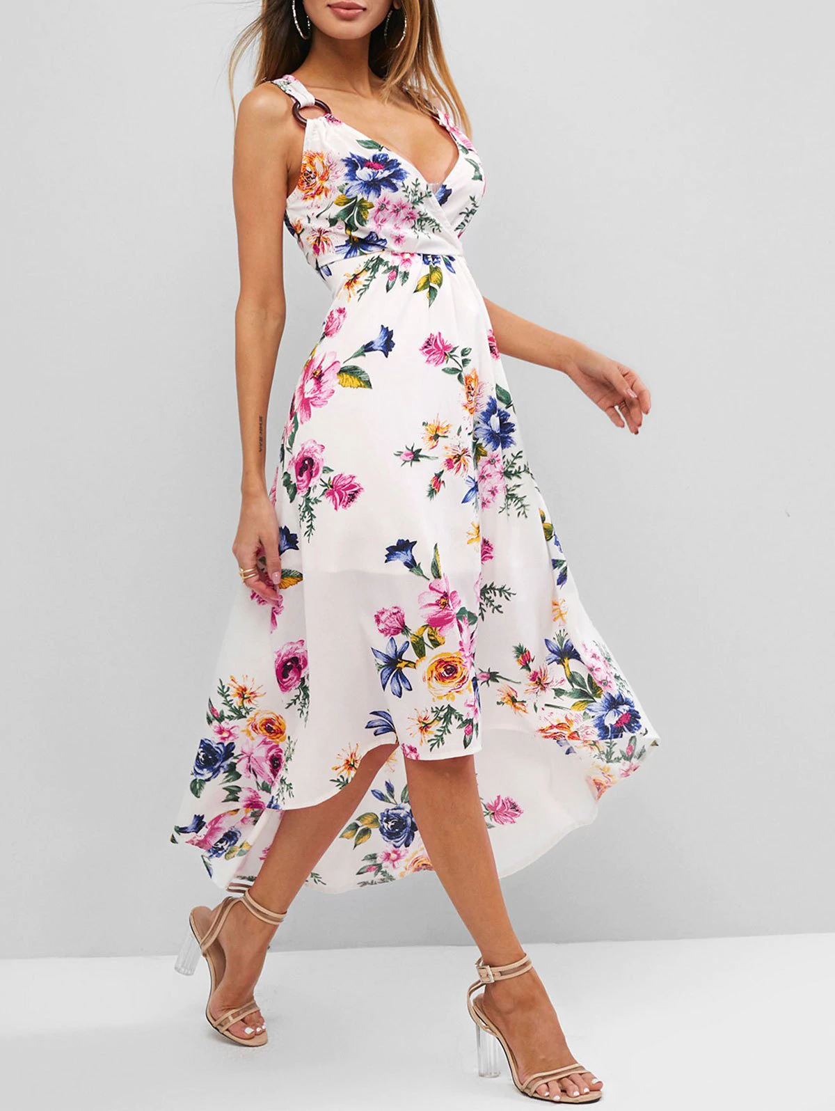 Flower Print O Ring High Low Surplice Dress