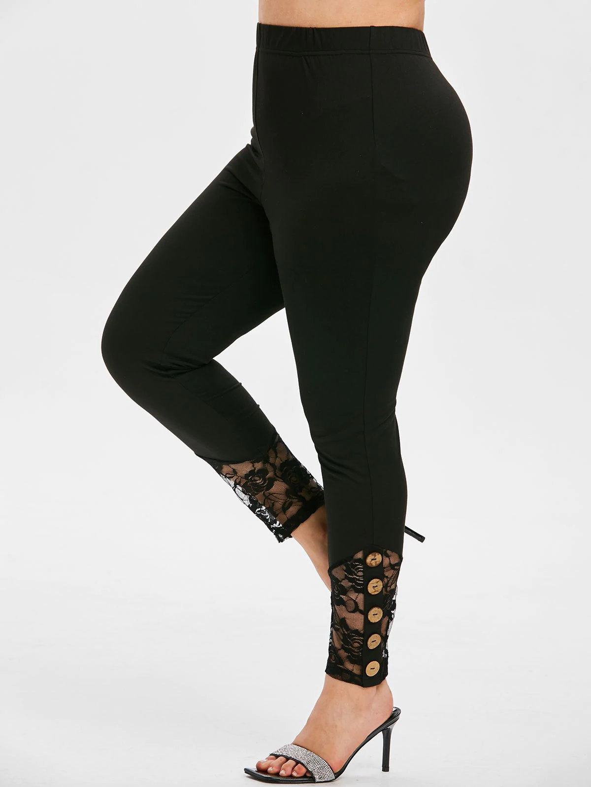 Plus Size Lace Insert Button Detail Skinny Leggings