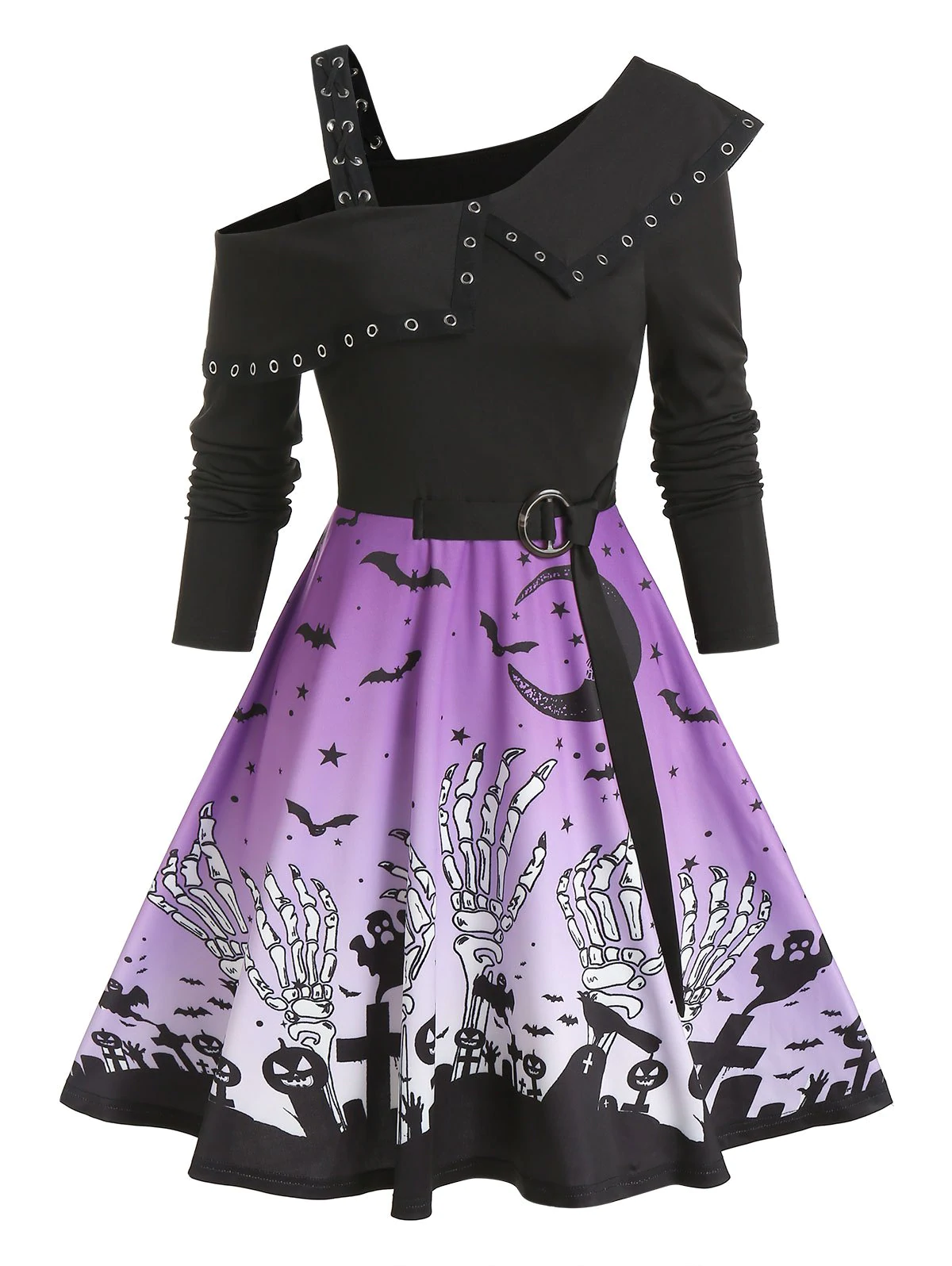 Cold Shoulder Halloween Print Belted Mini Dress