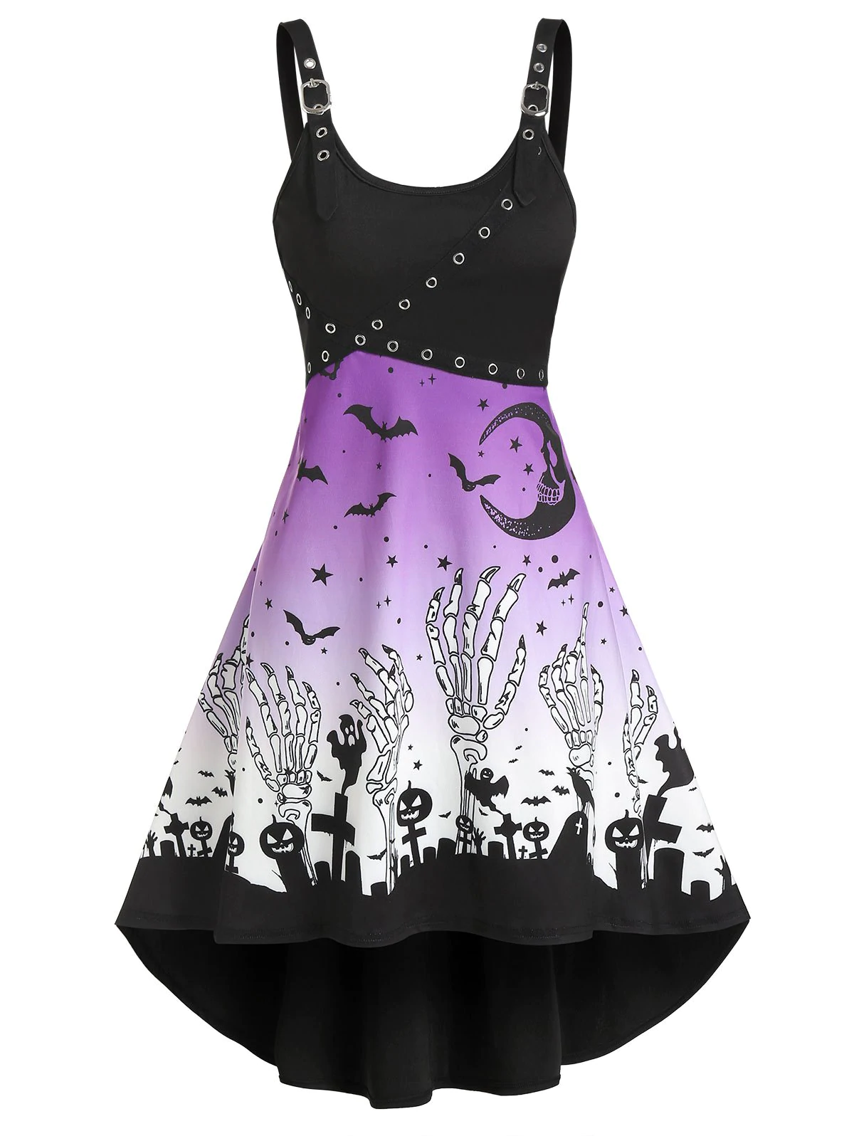 Halloween Pumpkin Skeleton Print Cami Dip Hem Dress