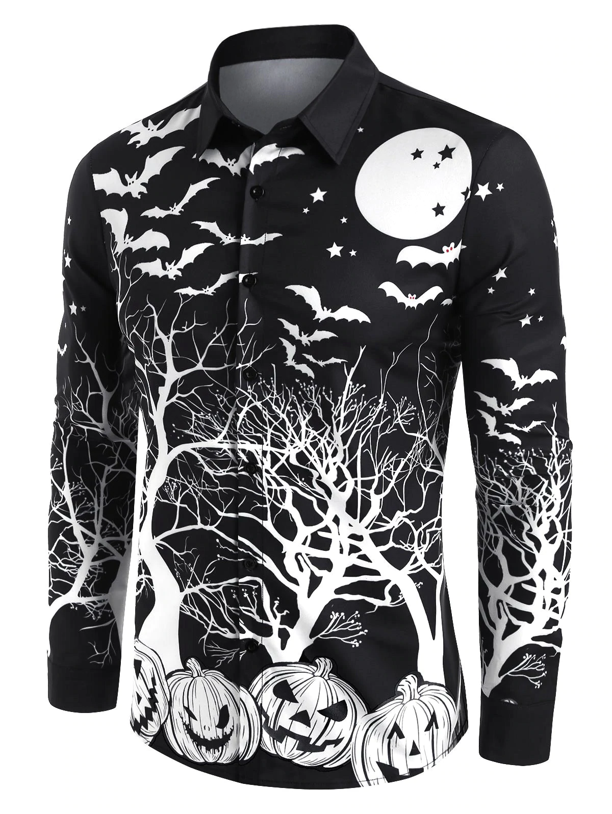 Halloween Pumpkin Bat Print Button Up Long Sleeve Shirt