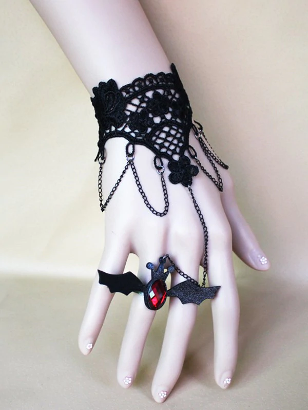 Halloween Bat Ring Chain Lace Bracelet