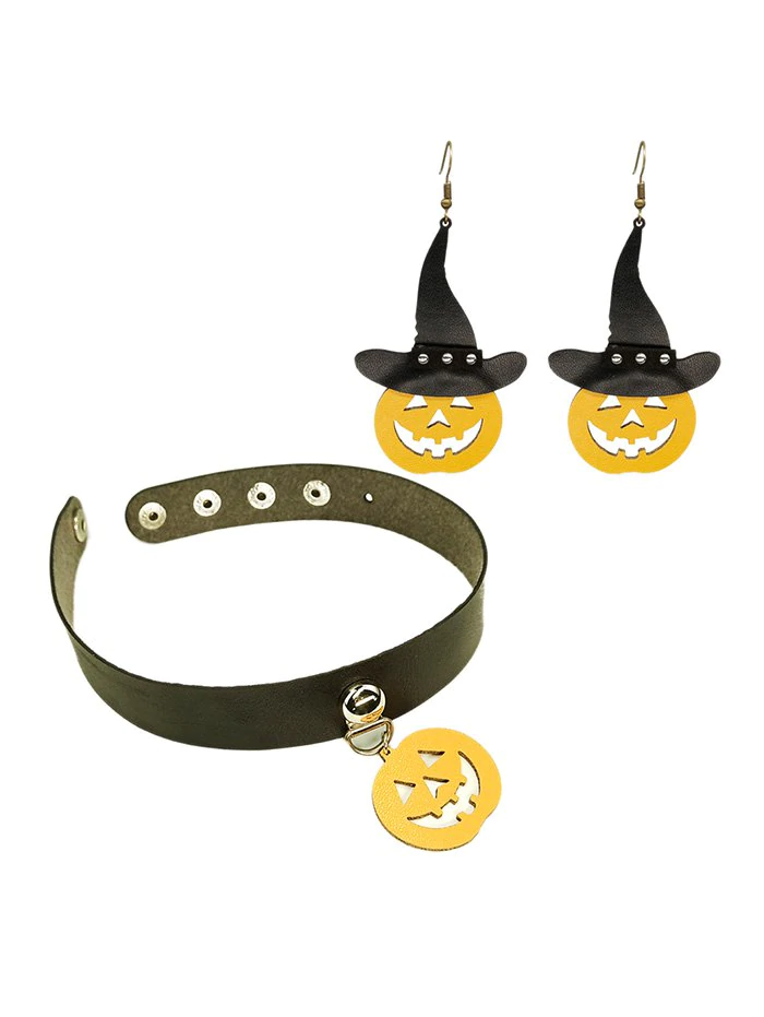 Halloween PU Pumpkin Choker Necklace Earrings Set